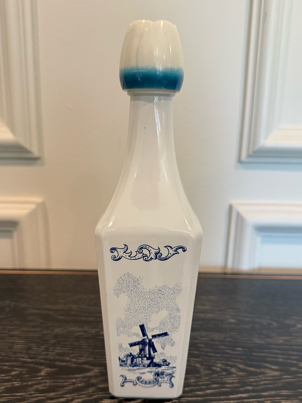 1960s Decanter Bottle Milk Glass W Dutch Blue Windmill Design